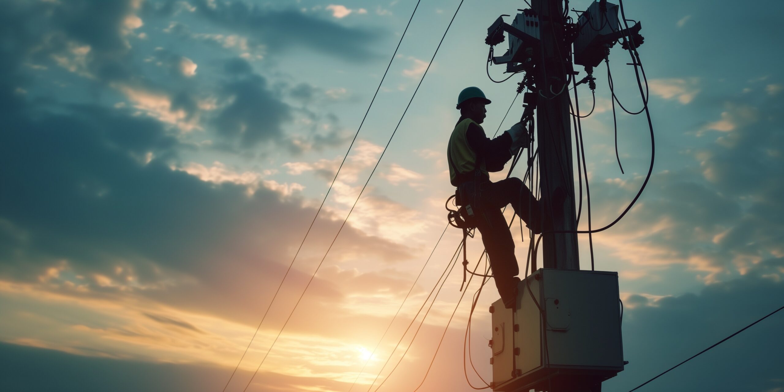 Lineman servicing a distribution transformer at sunset &mdash; fire safety with Shell MIDEL transformer oil
